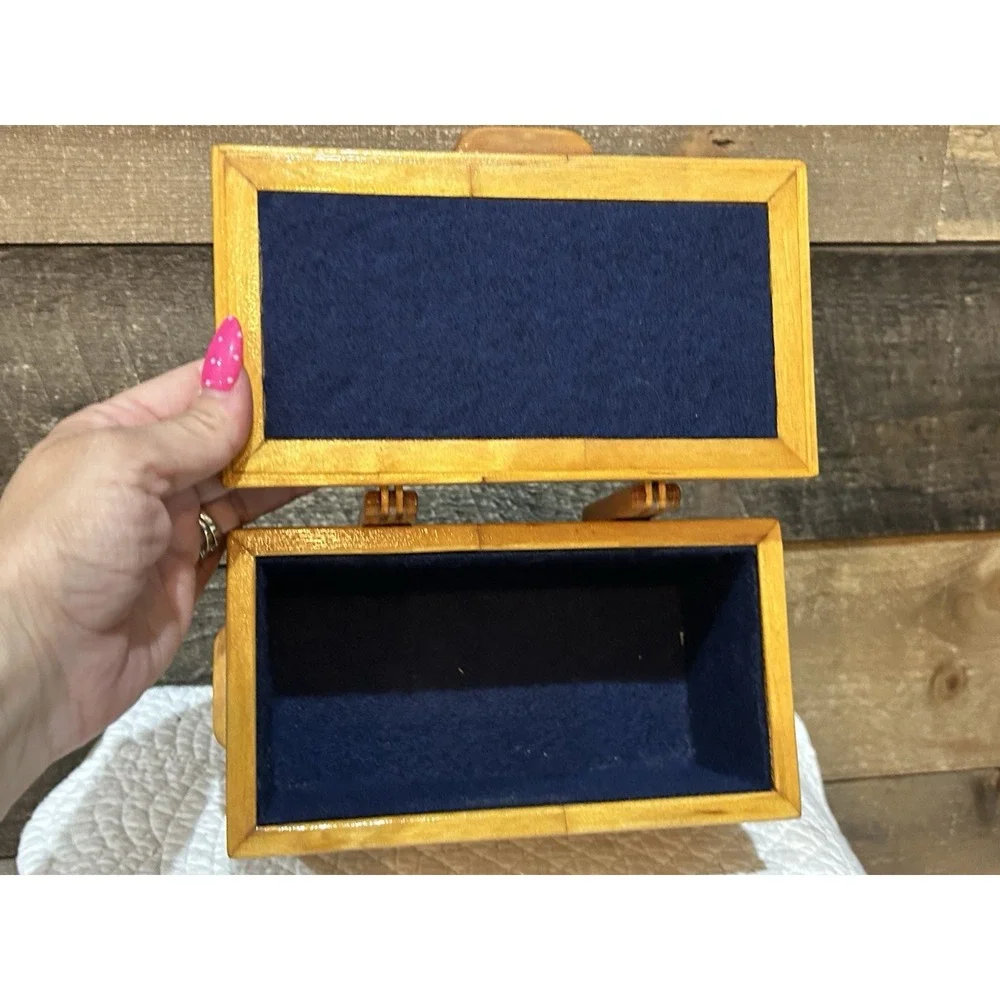 Hand Crafted Bamboo Wood Jewelry Keepsake Box Vintage Blue Inside